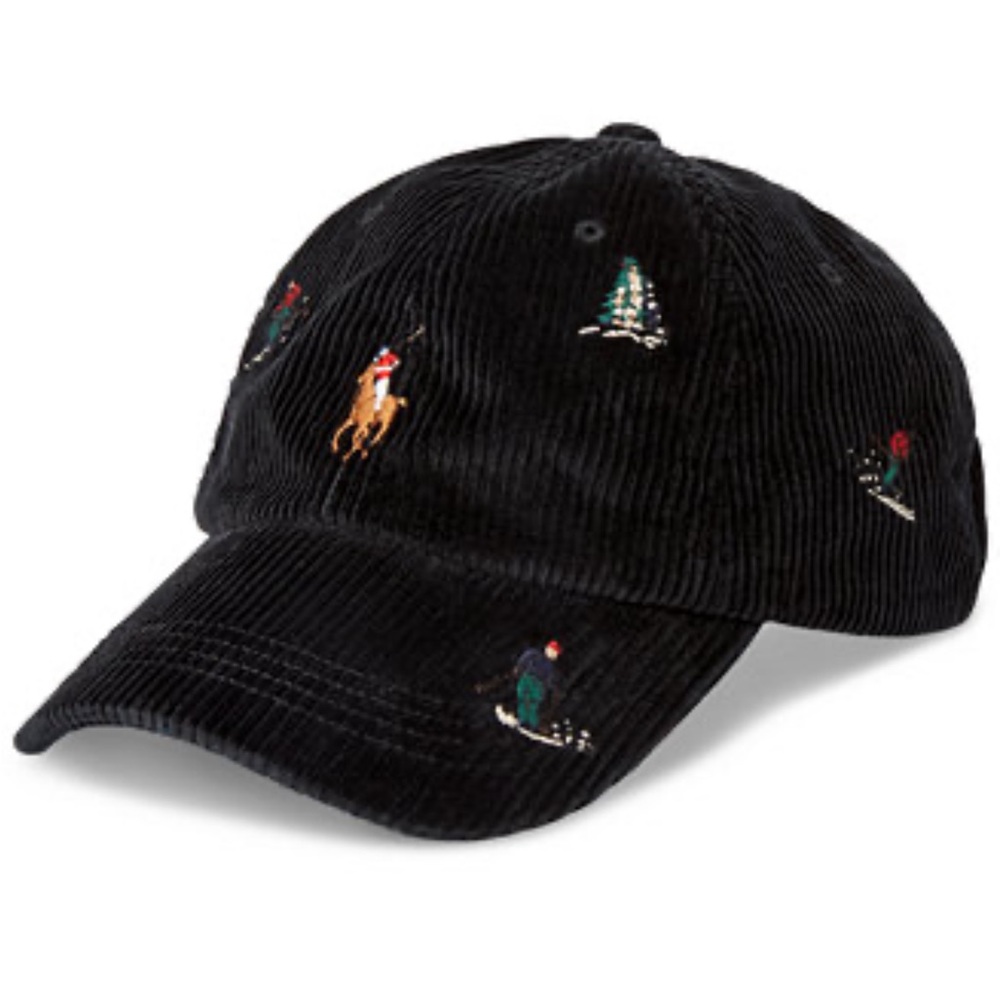 Polo Ralph Lauren black corduroy baseball cap embroidered ski snow hat NWT